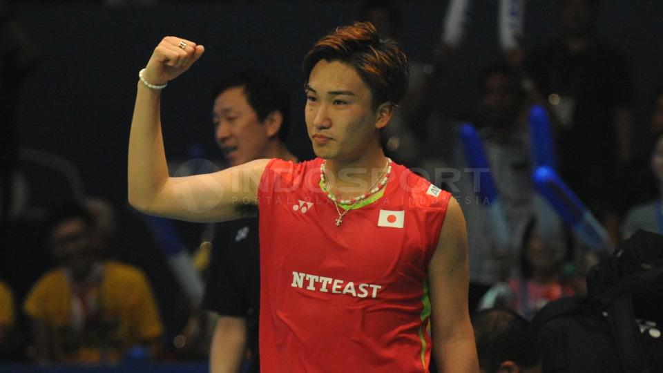 Ekspresi Kento Momota usai mengalahkan Jan O Jorgensen.